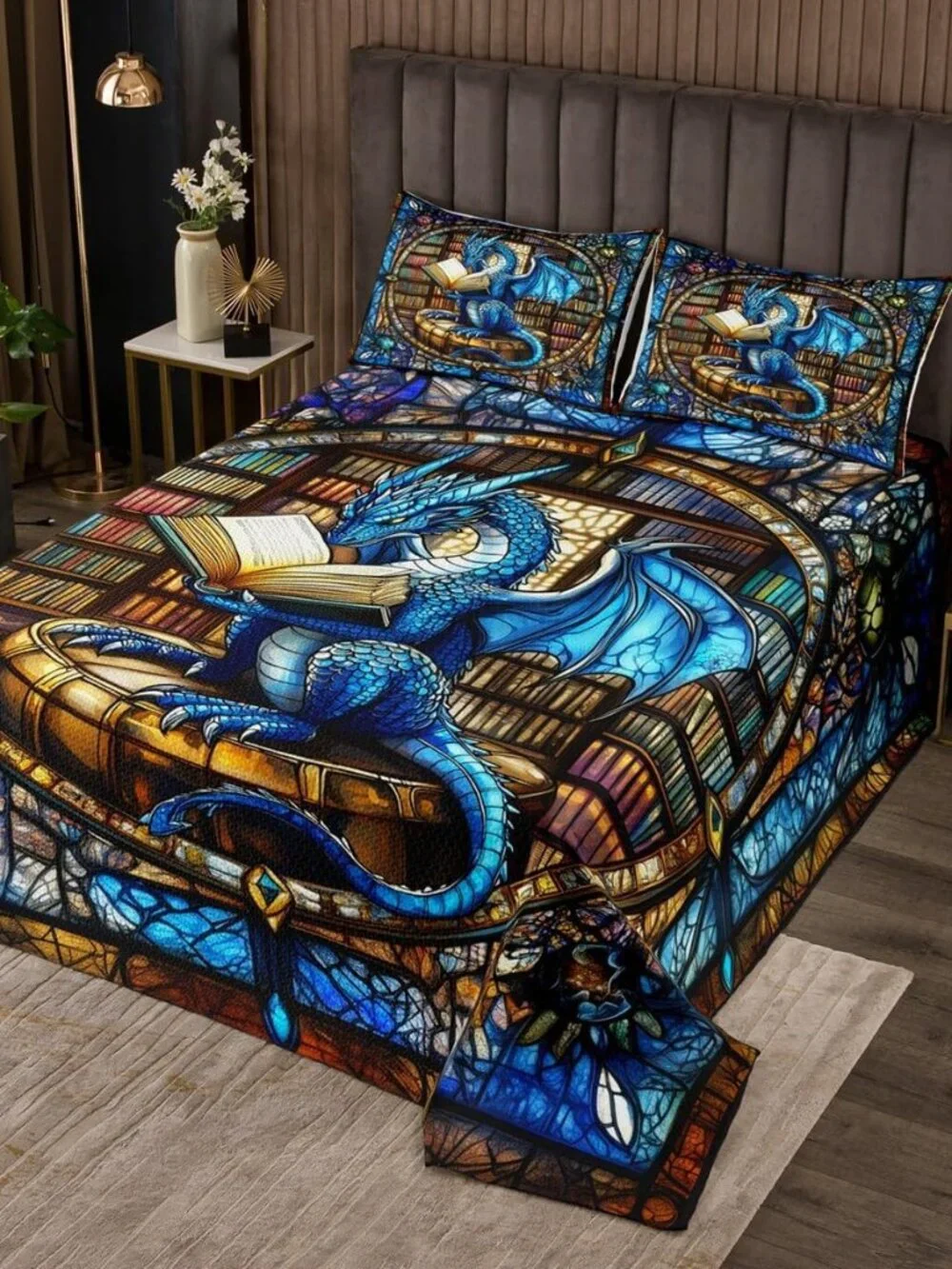 Western Dragon Kids Bedspread King Size,Blue Dragon Reading Book Bookshelf Cover